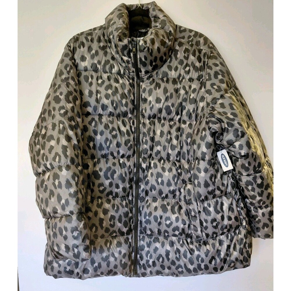 NWT Old Navy Women's Plus Size 2X Black Gray Lined Leopard Puffer Jacket